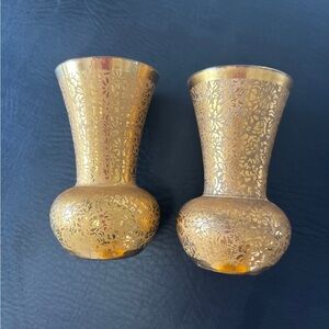 Unique Vintage Gold Floral Etched Metal Vases - Pair